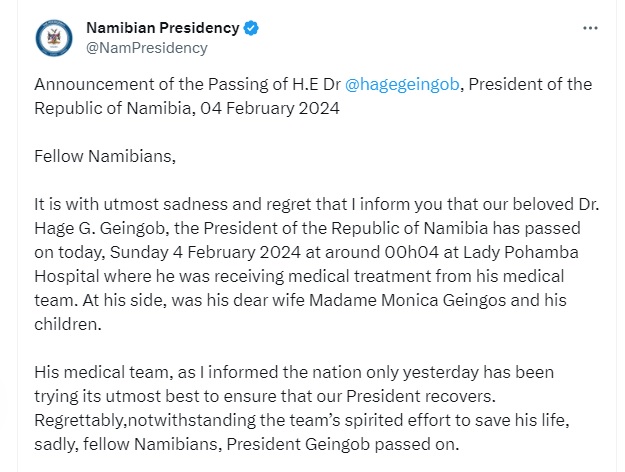 नामीबिया के राष्ट्रपति डॉ. हेग जी. गेनगोब नहीं रहे