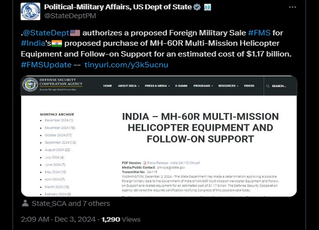 भारत को अमेरिका से एमएच-60आर मल्टी-मिशन हेलीकॉप्टर इक्यूपमेंट मिलने का रास्ता साफ, बाइडेन प्रशासन ने बिक्री को मंजूरी दी