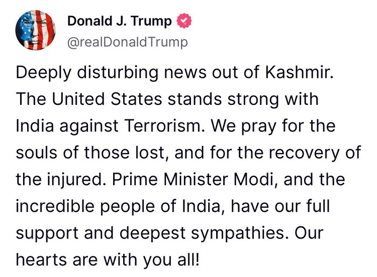  पहलगाम हमले पर अमेरिकी राष्ट्रपति डोनाल्ड ट्रंप की तीखी प्रतिक्रिया, भारत को बताया आतंकवाद के खिलाफ सच्चा साझेदार