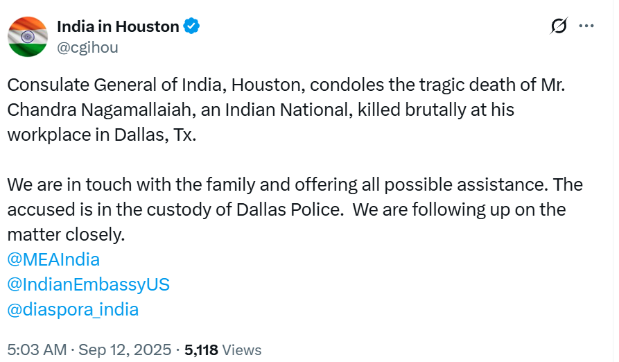 डलास में भारतीय नागरिक चंद्र नागमल्लैया की कार्यस्थल पर हत्या, आरोपी हिरासत में