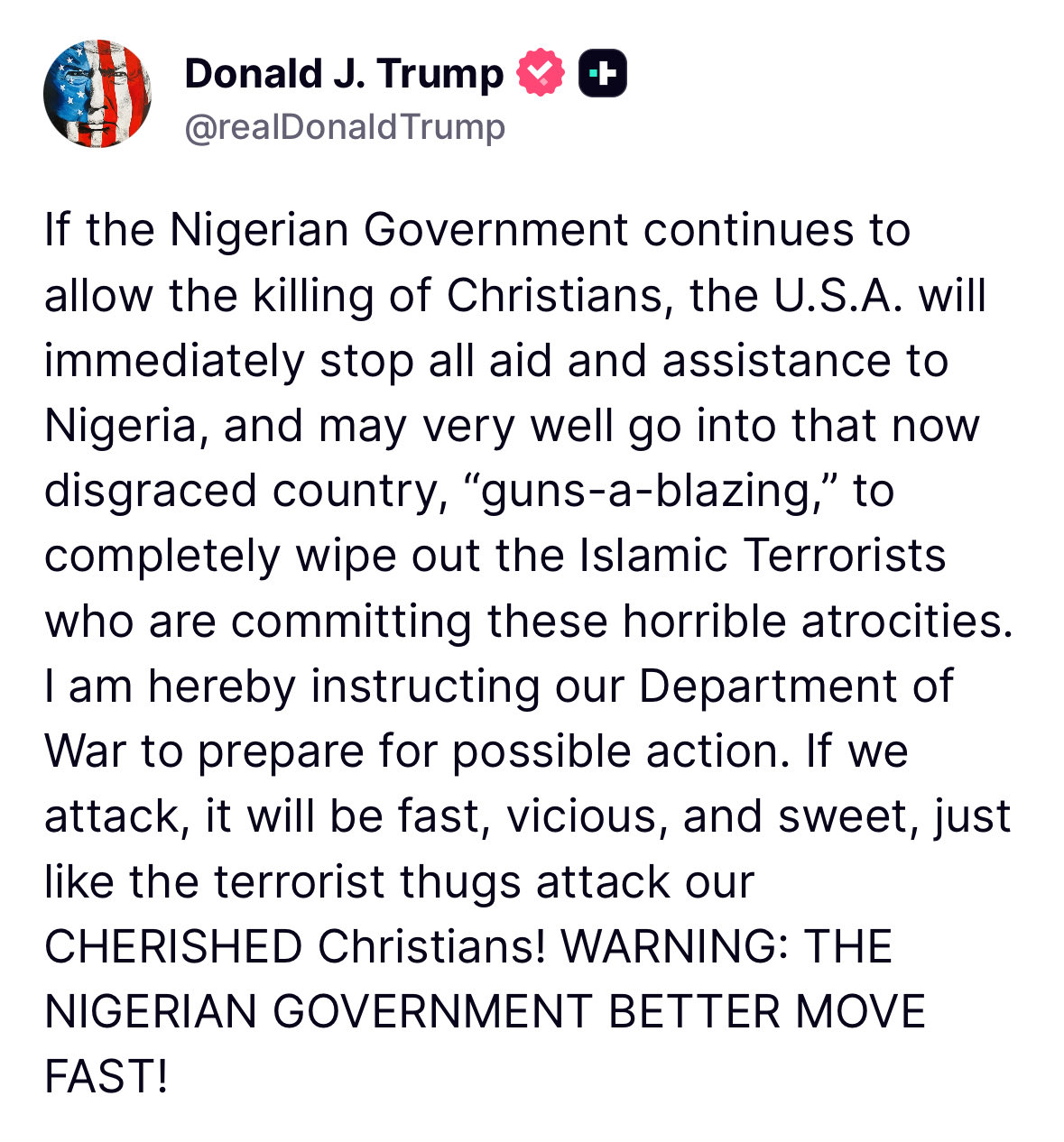 नाइजीरिया पर फिर भड़के ट्रंप, अमेरिकी युद्ध विभाग को कार्रवाई के लिए तैयार रहने को कहा