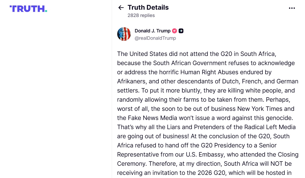 अमेरिका अगले वर्ष जी-20 सम्मेलन में दक्षिण अफ्रीका को नहीं लेने देगा हिस्सा