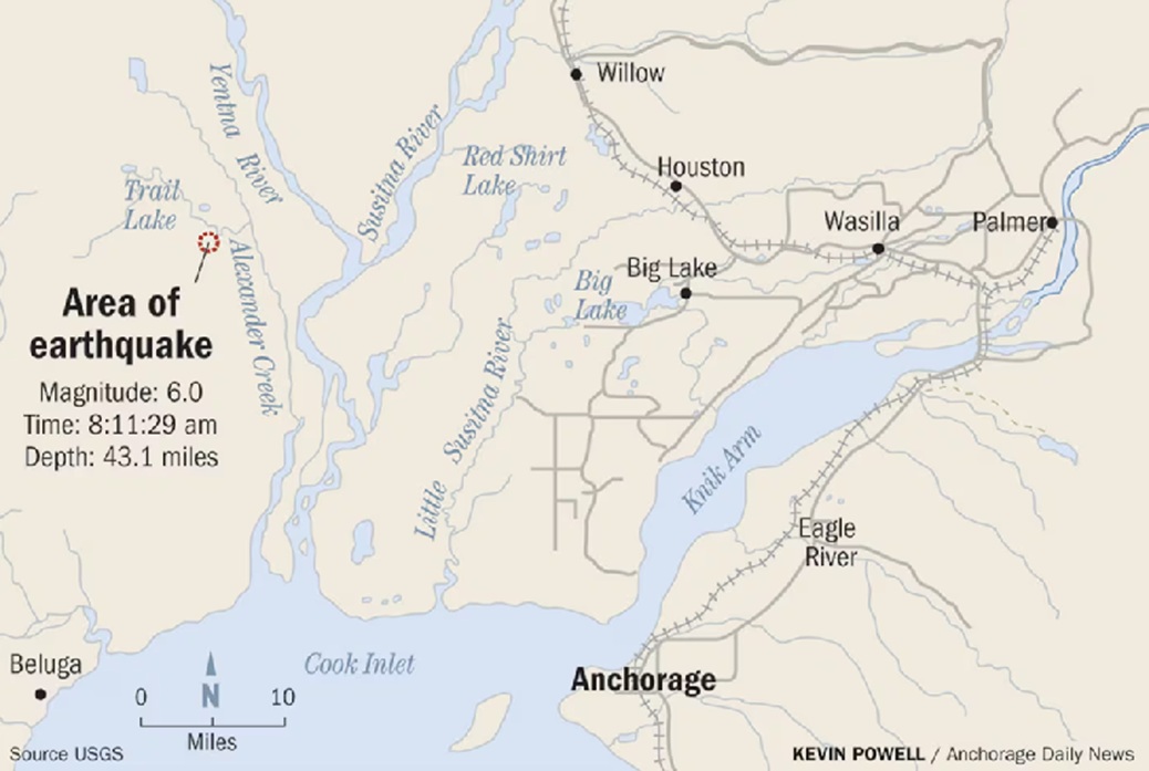 अलास्का के एंकोरेज महानगरीय क्षेत्र में 6.0 तीव्रता का भूकंप