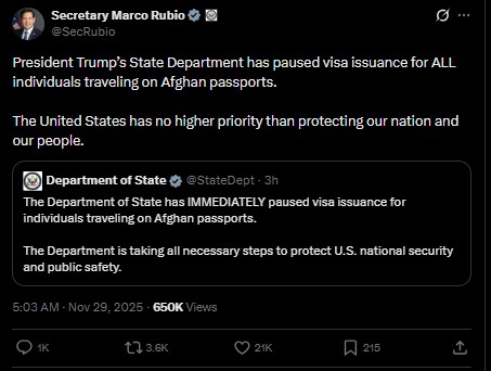 अमेरिका ने अफगान पासपोर्ट पर यात्रा करने वाले लोगों के लिए वीजा जारी करने पर रोक लगाई