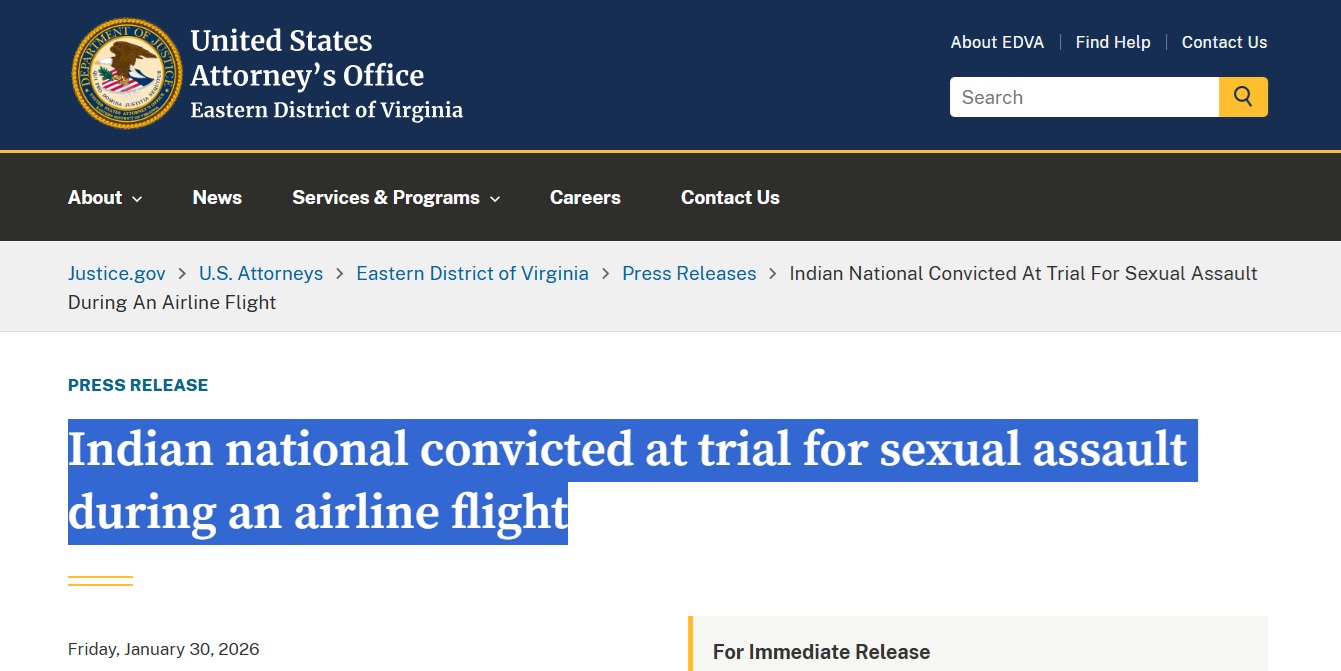 अमेरिका में फेडरल जूरी ने भारतीय युवक को फ्लाइट में यौन उत्पीड़न के आरोप में दोषी ठहराया, सात मई को सुनाई जाएगी सजा