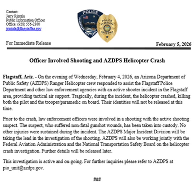 अमेरिका में एरिजोना के फ्लैगस्टाफ में हेलीकॉप्टर दुर्घटनाग्रस्त, पायलट समेत दो की मौत