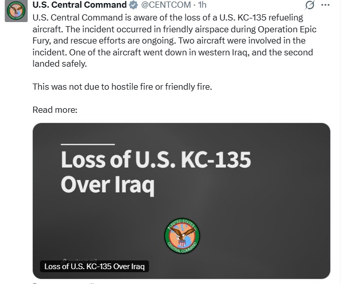अमेरिकी वायुसेना का रीफ्यूलिंग एयरक्राफ्ट पश्चिमी इराक में लापता