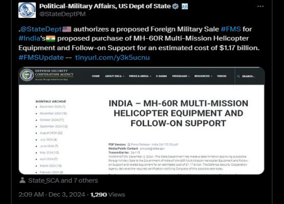 भारत को अमेरिका से एमएच-60आर मल्टी-मिशन हेलीकॉप्टर इक्यूपमेंट मिलने का रास्ता साफ, बाइडेन प्रशासन ने बिक्री को मंजूरी दी