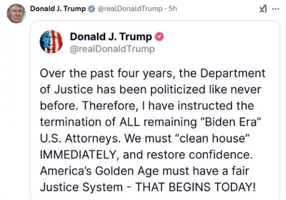 ट्रम्प का एक और कड़ा फैसलाः बाइडेन युग के सभी अटॉर्नी को बर्खास्त करने का आदेश