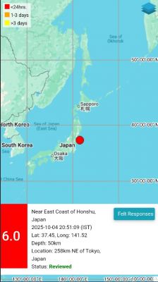 जापान में 6 तीव्रता वाले भूकंप के तेज झटके