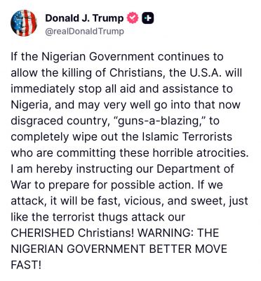 नाइजीरिया पर फिर भड़के ट्रंप, अमेरिकी युद्ध विभाग को कार्रवाई के लिए तैयार रहने को कहा