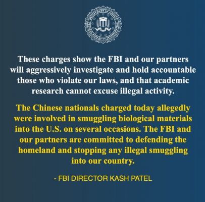 अमेरिका के मिशिगन विवि में शोध कर रहे चीन के तीन नागरिकों ने जैविक पदार्थों की तस्करी का कुचक्र रचा, आपराधिक शिकायत दर्ज