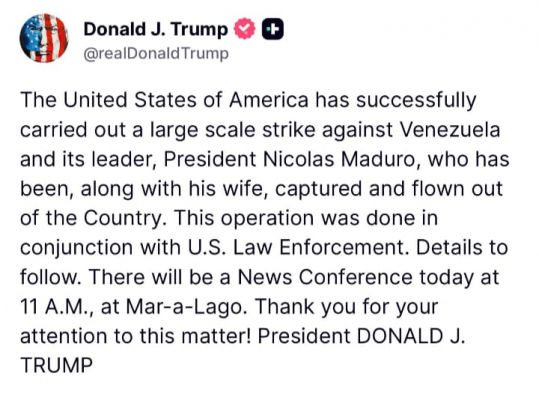  वेनेजुएला के खिलाफ अमेरिका की सैन्य कार्रवाई, राष्ट्रपति मादुरो व उनकी पत्नी को हिरासत में लेने का दावा