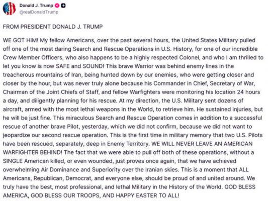 अमेरिका ने ईरान से अपने लापता पायलट को सुरक्षित निकाला, ट्रंप ने कहा-हमने ढूंढ़ निकाला