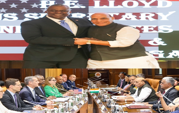 रक्षा मंत्री राजनाथ सिंह ने नई दिल्&zwj;ली में अमेरिका के रक्षा मंत्री लॉयड ऑस्टिन से द्विपक्षीय वार्ता की