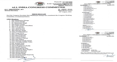 कांग्रेस अध्यक्ष मल्लिकार्जुन खरगे ने पार्टी की कार्यसमिति का पुनर्गठन किया