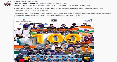 प्रधानमंत्री नरेन्द्र मोदी ने एशियाई खेलों में सौ पदक जीतने पर भारतीय एथलीटों को बधाई दी