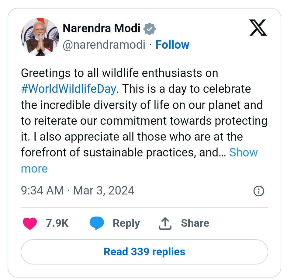 प्रधानमंत्री ने विश्व वन्यजीव दिवस पर पशु प्रेमियों को शुभकामनाएं दीं
