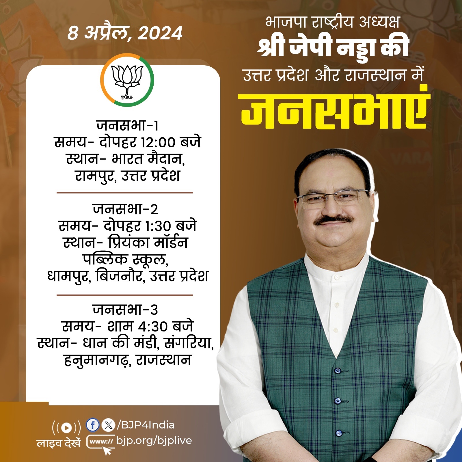 भाजपा अध्यक्ष जेपी नड्डा आज उत्तर प्रदेश और राजस्थान में