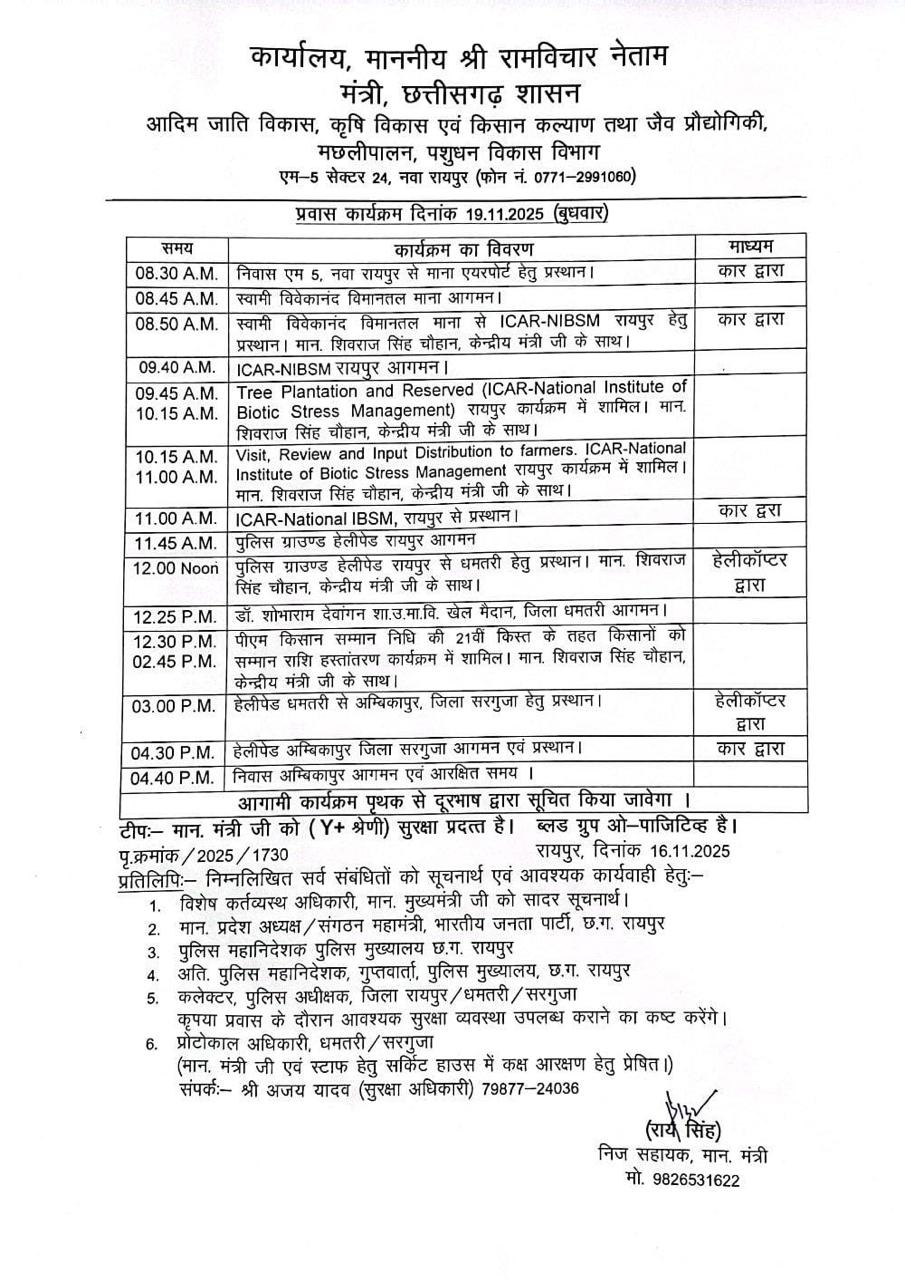 बलरामपुर : मंत्री रामविचार नेताम आज सरगुजा-बलरामपुर दौरे पर, किसानों के हित से जुड़े कई कार्यक्रमों में होंगे शामिल