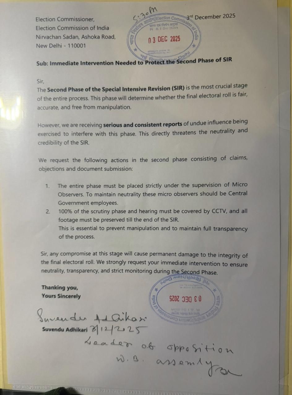 सुवेंदु अधिकारी ने निर्वाचन आयोग से एसआईआर के दूसरे चरण में सुरक्षा सुनिश्चित करने की अपील की