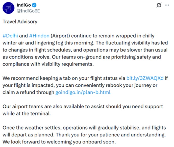 दिल्ली और जम्मू में घना कोहरा, इंडिगो ने उड़ानों के समय में परिवर्तन किया