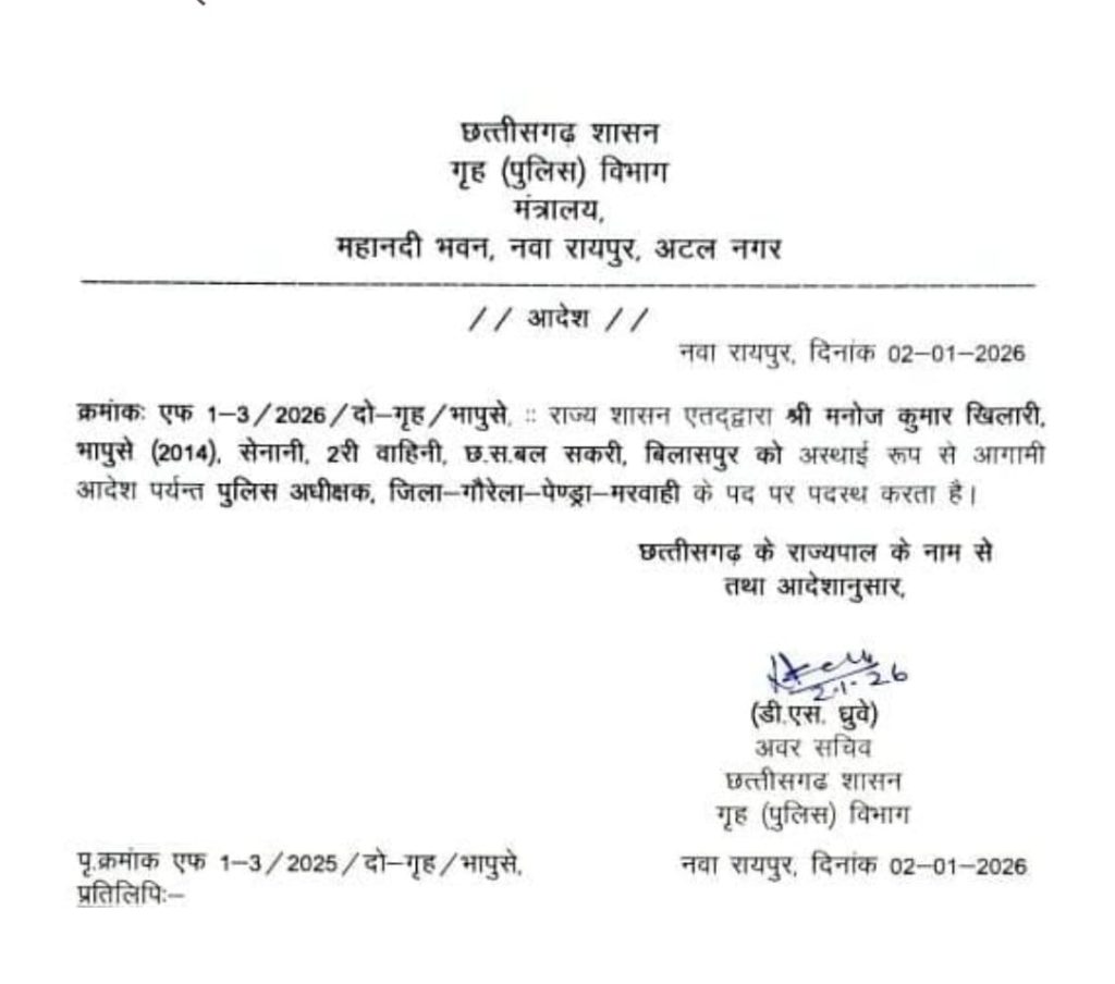 गौरेला-पेण्ड्रा-मरवाही जिले के पुलिस अध्यक्ष पद पर मनोज कुमार खिलारी की नियुक्ति