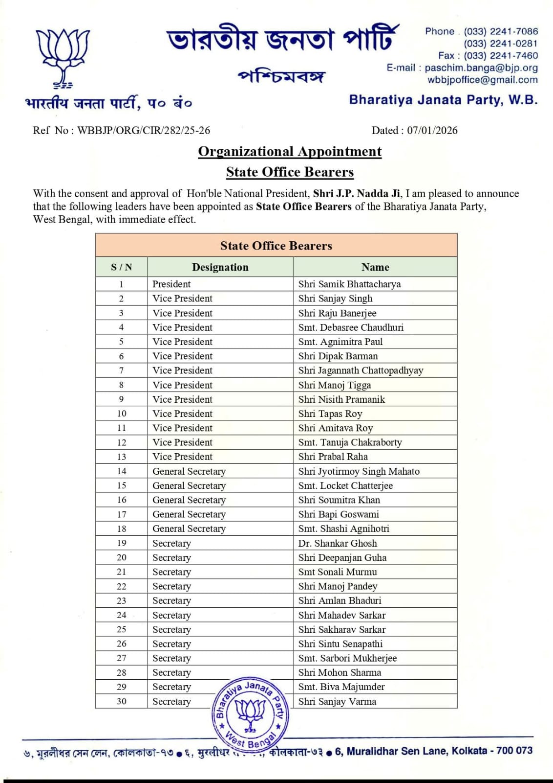 बंगाल भाजपा ने किया नई कार्यकारिणी का ऐलान, देवश्री-अग्निमित्रा-निशिथ प्रमाणिक को जगह