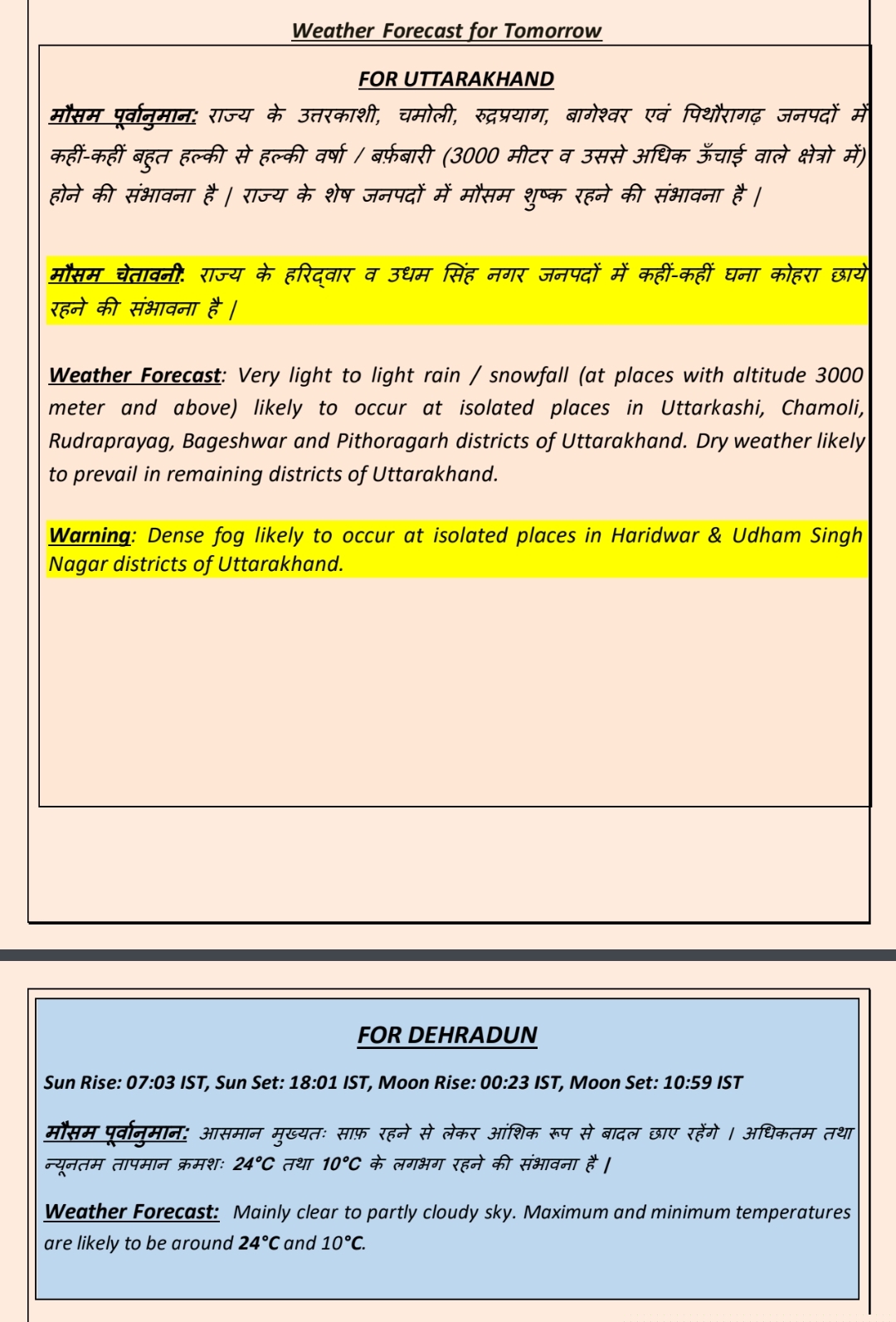 पर्वतीय जिलों में मौसम बदलेगा, ऊंचाई वाले क्षेत्रों में बर्फबारी के आसार