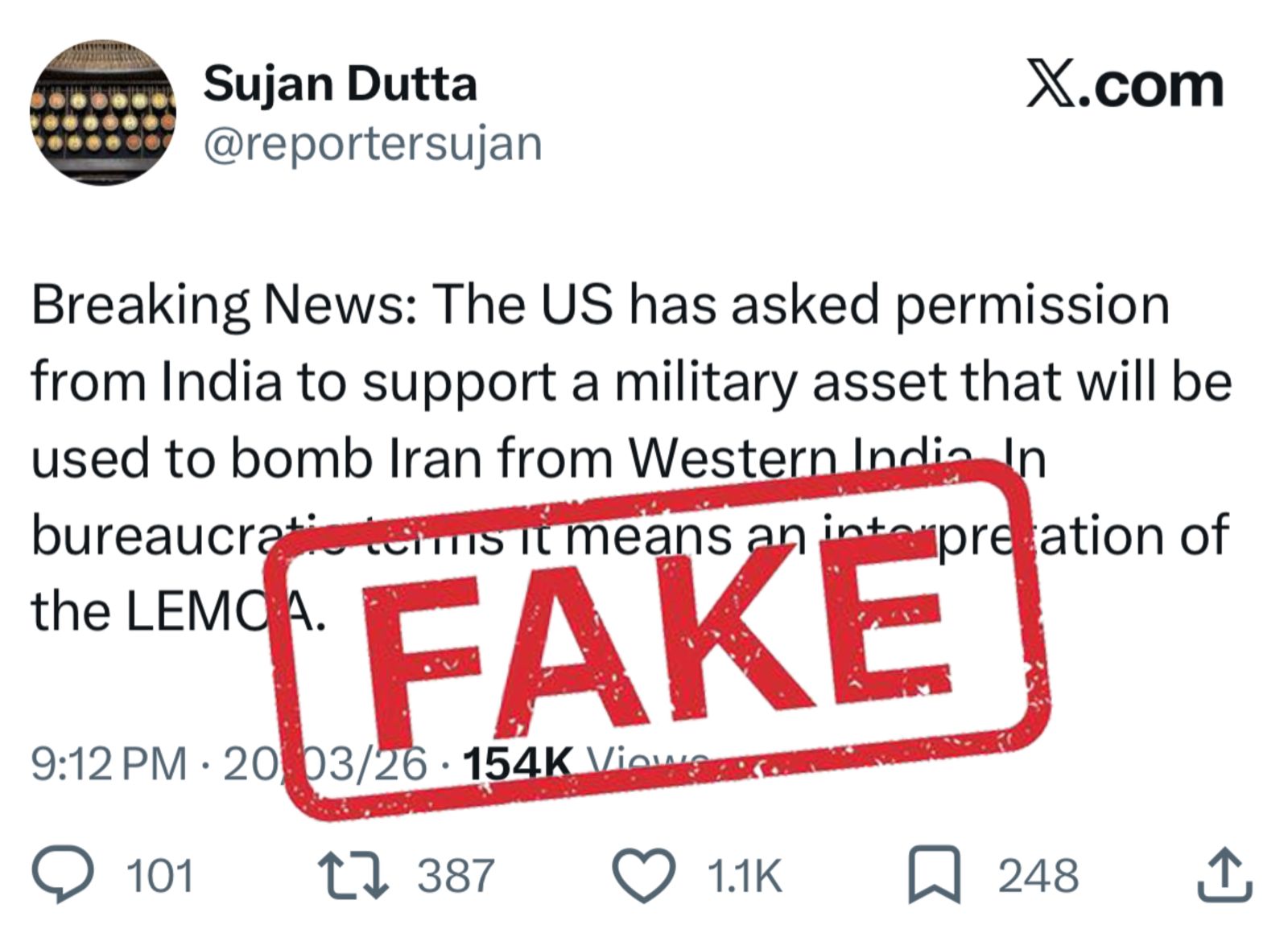 भारत की जमीन से ईरान पर हमले की अनुमति का दावा फर्जी : विदेश मंत्रालय