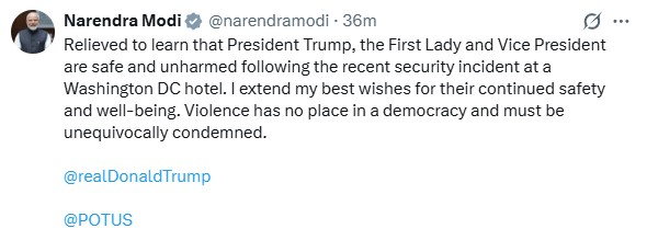 प्रधानमंत्री मोदी ने अमेरिकी राष्ट्रपति ट्रंप की सुरक्षा पर राहत व्यक्त की और वाशिंगटन डीसी की घटना के बाद हुई हिंसा की निंदा की।