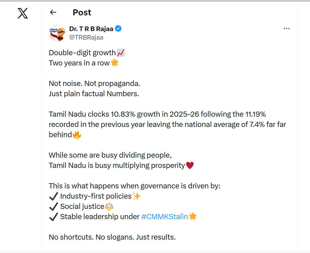 लगातार दूसरे वर्ष तमिलनाडु ने दर्ज की डबल-डिजिट आर्थिक वृद्धि, 2030 तक एक ट्रिलियन डॉलर अर्थव्यवस्था का लक्ष्य