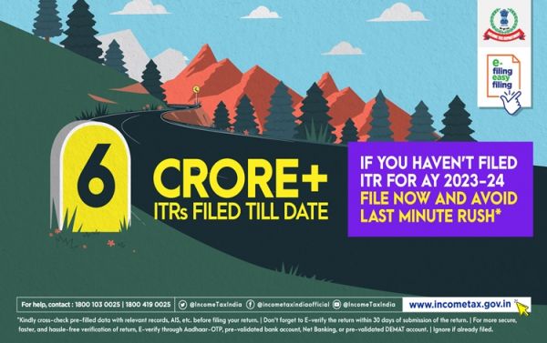 आयकर विभाग ने 30 जुलाई तक 6 करोड़ से अधिक आयकर रिटर्न दाखिल कर एक नई उपलब्धि हासिल की है