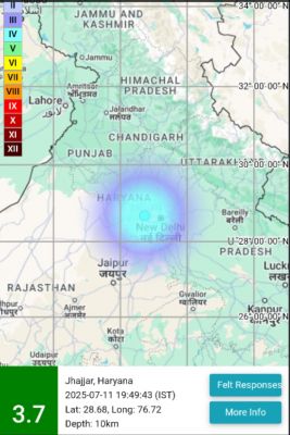 राजधानी में महसूस किए गए 3.7 तीव्रता के भूकंप के झटके, झज्जर रहा केन्द्र