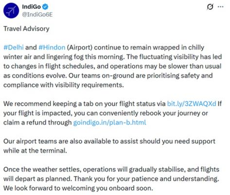 दिल्ली और जम्मू में घना कोहरा, इंडिगो ने उड़ानों के समय में परिवर्तन किया