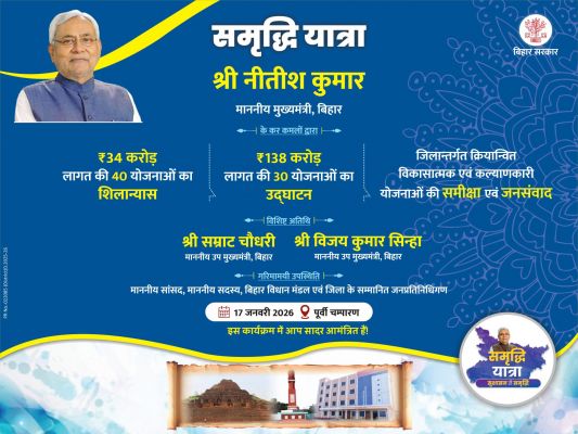 मुख्यमंत्री नीतीश कुमार की समृद्धि यात्रा का आज दूसरा दिन, पूर्वी चंपारण में करेंगे समीक्षा