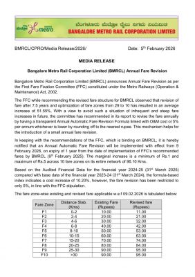 बेंगलुरु मेट्रो टिकट किराया में वृद्धि, 9 फरवरी से हाेगा लागू