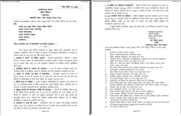 छत्तीसगढ़ सरकार का मितव्ययिता आदेश जारी, विदेश यात्राओं पर रोक और ऑनलाइन बैठकों को बढ़ावा